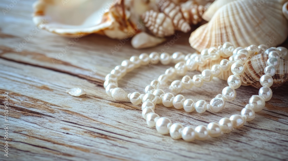 Elegant white pearl necklace with seashells on a vintage grunge wooden table showcasing a coastal aesthetic and timeless beauty. Elegant white pearl necklace with seashells on a vintage grunge wooden table showcasing a coastal aesthetic and timeless beauty.