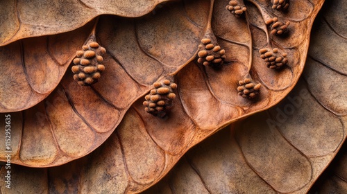 Detailed close-up of leather fern Acrostichum aureum spores on curled leaves showcasing natural textures and earthy tones in a tranquil background photo