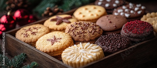 Assorted festive Christmas cookies displayed in a rustic wooden box with holly and pine decorations for a cozy holiday atmosphere