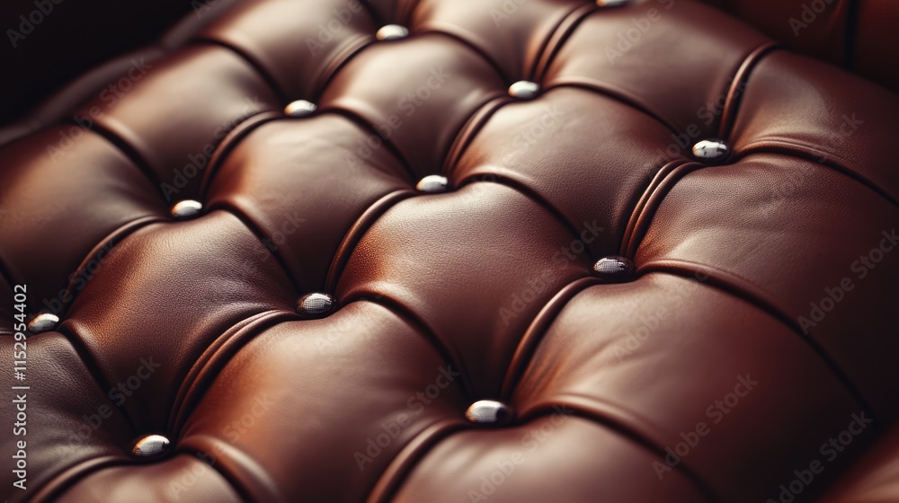 Elegant close-up of rich brown leather upholstery featuring button tufting and metallic accents for luxurious interior design inspiration. Elegant close-up of rich brown leather upholstery featuring button tufting and metallic accents for luxurious interior design inspiration.