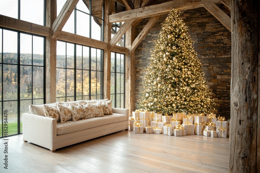 Obraz premium A cozy interior featuring a beautifully decorated Christmas tree, surrounded by festive gifts, with large windows showcasing a scenic view.