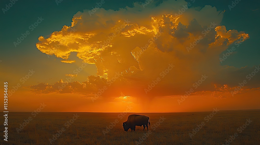 Solitary bison silhouetted against a dramatic sunset and large cumulonimbus cloud. Solitary bison silhouetted against a dramatic sunset and large cumulonimbus cloud.