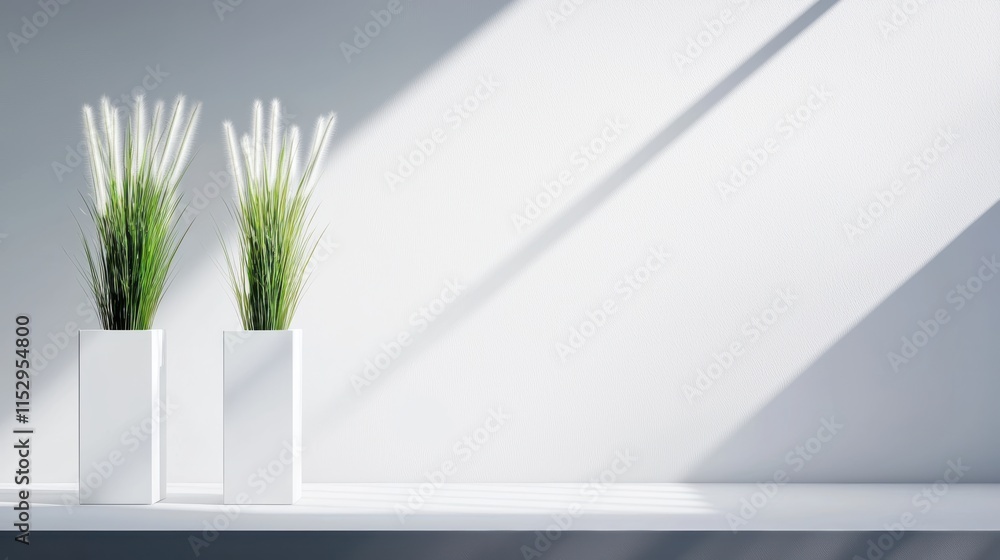 Two potted plants sit on a shelf, casting soft shadows against a minimalistic white wall, creating a serene and modern ambiance. Two potted plants sit on a shelf, casting soft shadows against a minimalistic white wall, creating a serene and modern ambiance.
