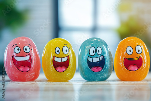 A jelly bean family with different expressions, posing like a happy group photo