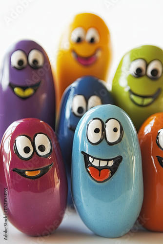 A jelly bean family with different expressions, posing like a happy group photo