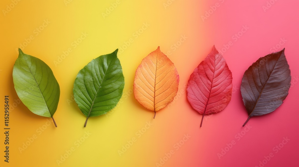 Obraz premium Colorful autumn leaves on a vibrant gradient background showcasing seasonal transition and nature's beauty.