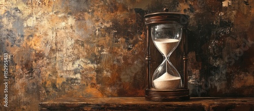 Vintage hourglass on a rustic wooden table against a textured wall background symbolizing the passage of time and nostalgia. photo