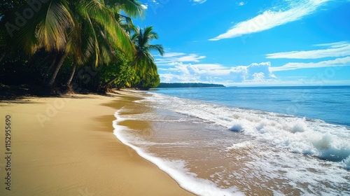 Tranquil tropical beach with gentle waves and lush palm trees under a clear blue sky ideal for relaxation and vacation themes photo