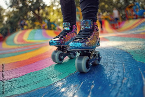 A roller skate with glittery wheels, doing loops on a colorful track photo