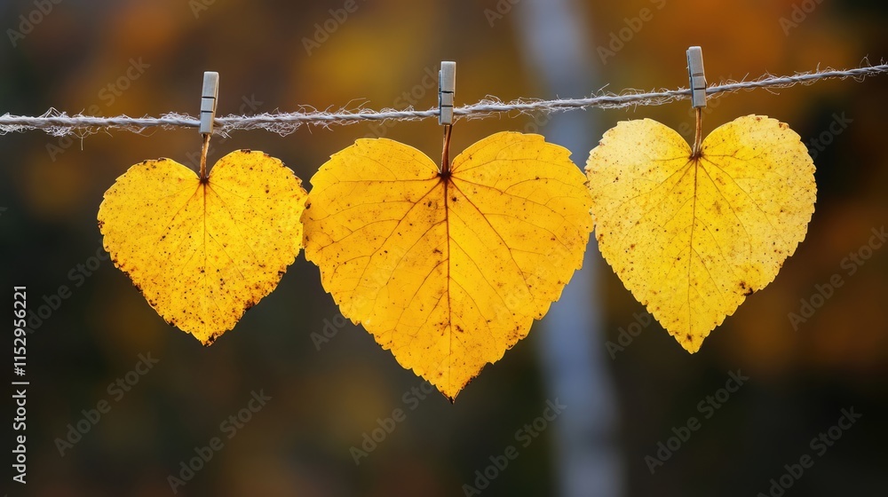 Obraz premium Yellow heart-shaped autumn leaves hanging on a clothesline representing seasonal beauty and nature's artistry in a warm backdrop.