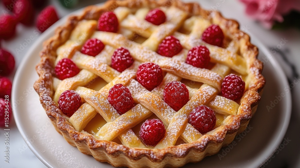 Lattice Tart Dessert with Raspberries and Sugar Dusting on a Plate Top View Lattice Tart Dessert with Raspberries and Sugar Dusting on a Plate Top View