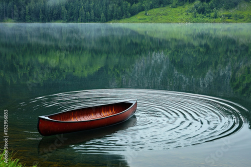 A canoe paddling itself through a calm lake, with water droplets forming happy ripples photo