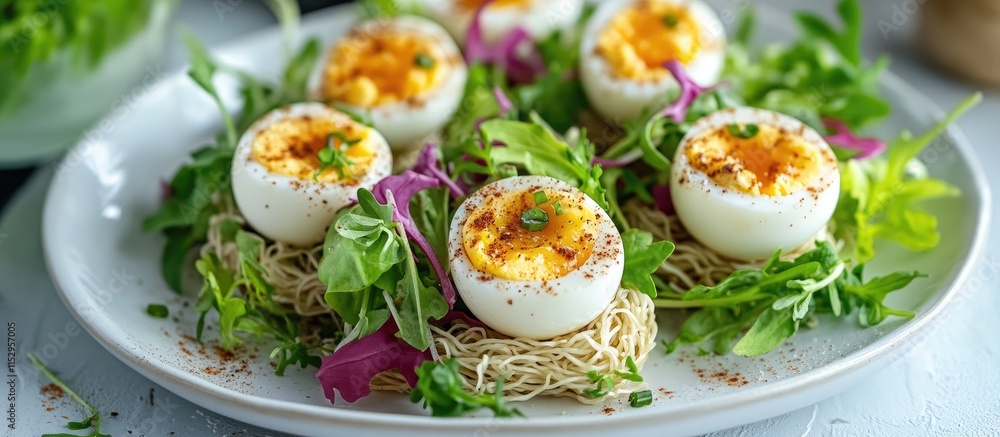 Deviled eggs served on a bed of greens and dry ramen noodles garnished with herbs on a white plate in a bright presentation. Deviled eggs served on a bed of greens and dry ramen noodles garnished with herbs on a white plate in a bright presentation.
