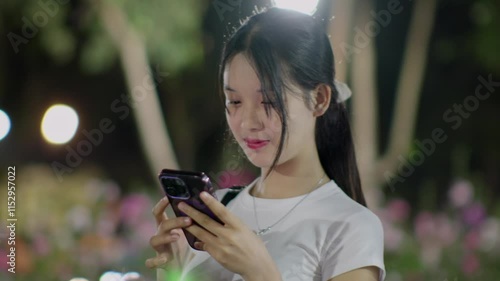 Woman using smartphone at night, Night lights, Bokeh of lights.