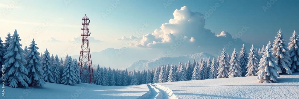 Frosty forest landscape with red tower broadcasting signal, cloud, frosty forest Frosty forest landscape with red tower broadcasting signal, cloud, frosty forest