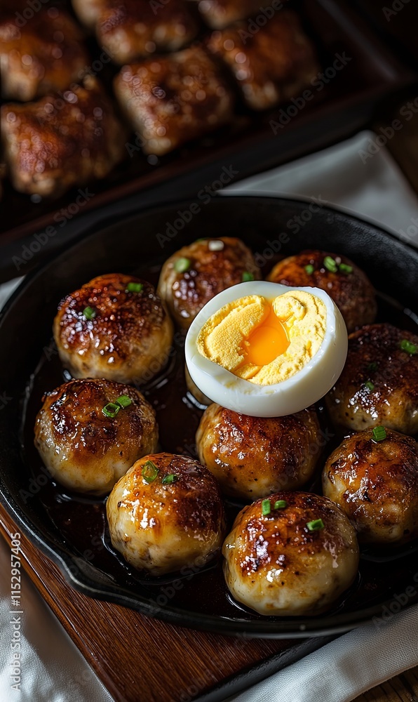 Close-up of savory meatball dish in a cast iron skillet, garnished with a halved soft-boiled egg and green onions. More meatballs are visible in the background. Close-up of savory meatball dish in a cast iron skillet, garnished with a halved soft-boiled egg and green onions. More meatballs are visible in the background.