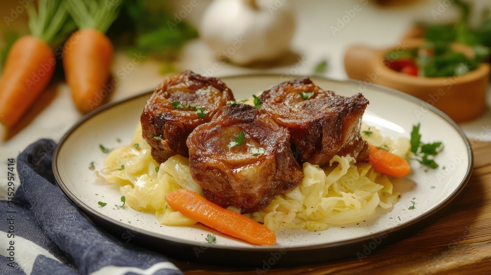 Baked pork cheeks with sautéed cabbage and carrots arranged elegantly on a plate garnished with herbs and fresh ingredients Baked pork cheeks with sautéed cabbage and carrots arranged elegantly on a plate garnished with herbs and fresh ingredients