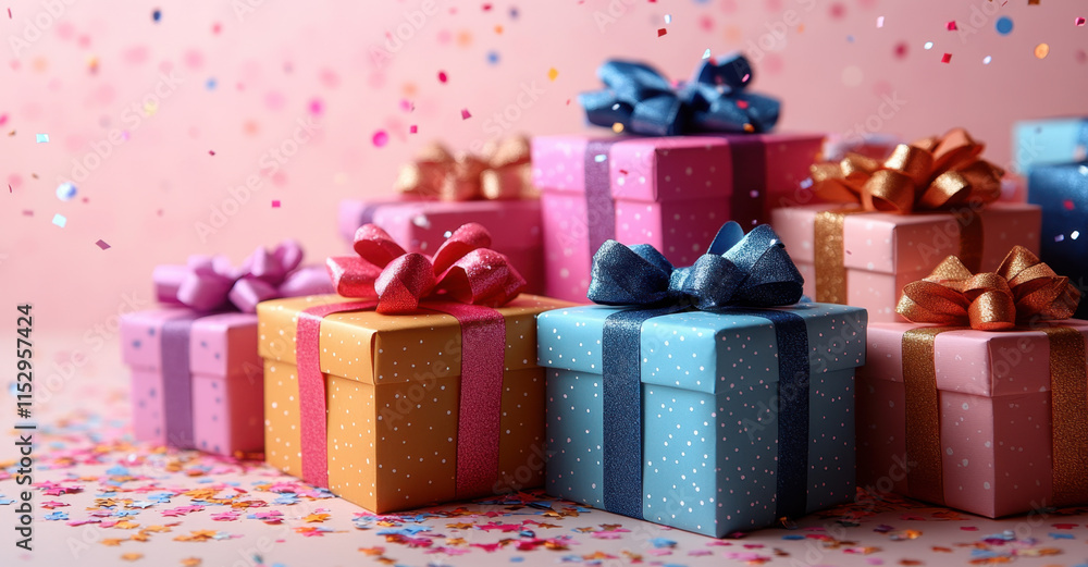 Obraz premium Colorful gift boxes with ribbons and bows create festive atmosphere, perfect for celebrations and special occasions. vibrant colors and confetti enhance joyful mood