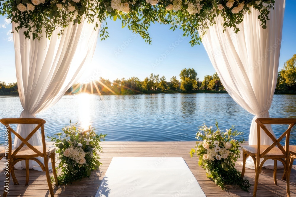 Fototapeta premium A serene wedding setup by a lakeside, featuring flowing drapes, floral arrangements, and a beautiful sunset backdrop.
