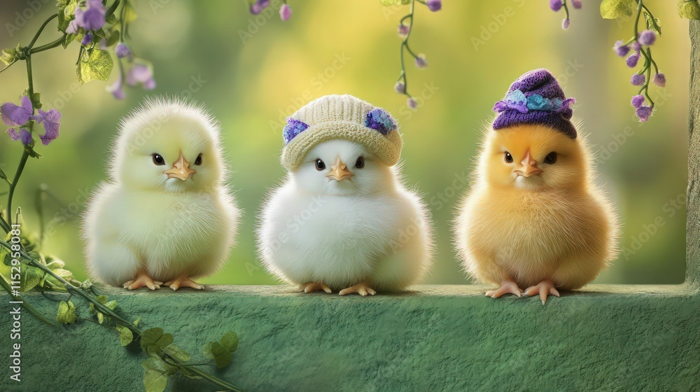 Three fluffy chicks sitting on a green stone ledge. The left chick is pale yellow with a tuft on its head, the middle chick is white with a cream-colored hat. Three fluffy chicks sitting on a green stone ledge. The left chick is pale yellow with a tuft on its head, the middle chick is white with a cream-colored hat.