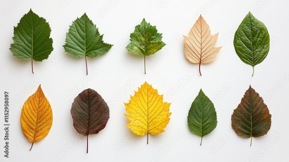 Obraz premium Diverse Leaves on White Background Showcasing Seasonal Color Changes in Nature