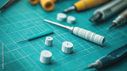 Leather crafting tools and materials displayed on a green cutting board for creating detailed leather parts and accessories. photo