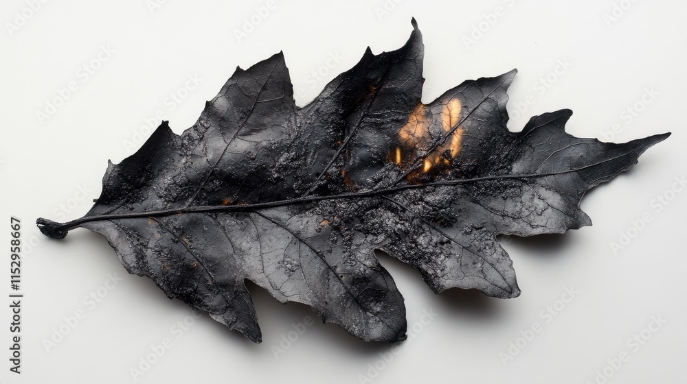 Fototapeta premium Burnt leaf detail showcasing the aftermath of fire on natural foliage illustrating environmental impact and loss of biodiversity