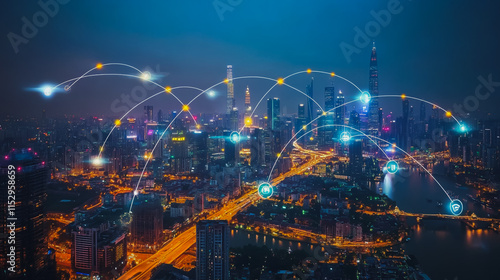 Abstract businesswoman stands on the peak of success Smart digital city with connection cyber security network reciprocity over the cityscape future wireless digital city and social media networking