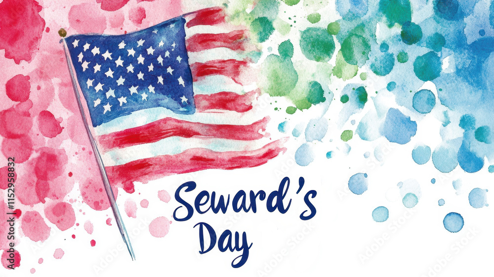 Fototapeta premium Sewards Day Watercolor american flag with festive design celebrating sewards day