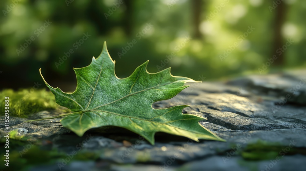 Fototapeta premium Detailed close-up of a vibrant green maple leaf resting on a textured rock amid a softly blurred natural background in a serene woodland setting.