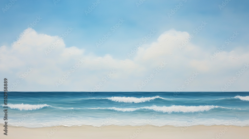 Obraz premium Serene Coastal Escape: A tranquil painting of a sandy beach with gentle waves rolling towards the shore, capturing the serene beauty of a coastal landscape under a bright blue sky.