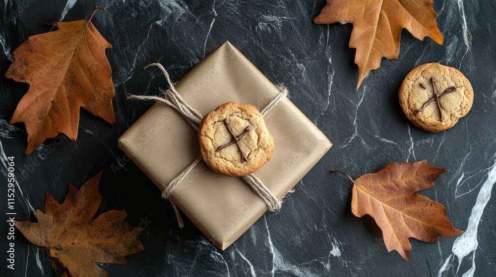 Autumn gift wrap with leaves and cookies on marble surface, perfect for seasonal celebrations and festive gatherings. Autumn gift wrap with leaves and cookies on marble surface, perfect for seasonal celebrations and festive gatherings.