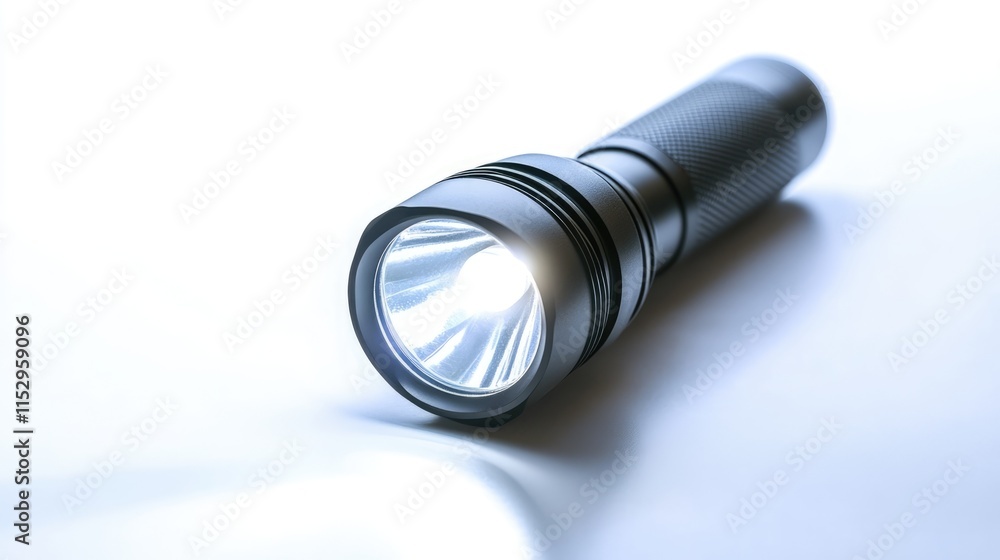 LED flashlight with beam illuminating a white surface showcasing modern design and functionality in a minimalist setting LED flashlight with beam illuminating a white surface showcasing modern design and functionality in a minimalist setting