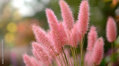 Delicate pink kagaz flowers swaying gently in a serene garden setting illuminated by soft bokeh background lights photo