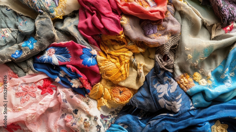 Fototapeta premium Colorful remnants of embroidered fabric displaying intricate patterns and textures for textile design and crafting inspiration.