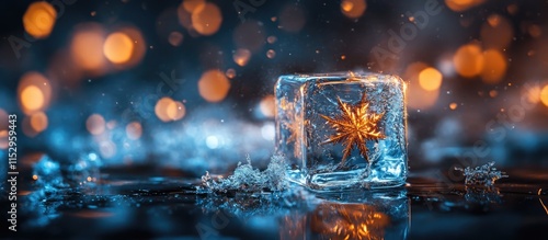 New Year Ice Cube with Sparkling Snowflake Aesthetic and Bokeh Background Celebration Theme photo