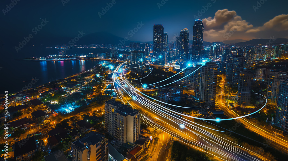 Fototapeta premium Abstract businesswoman stands on the peak of success Smart digital city with connection cyber security network reciprocity over the cityscape future wireless digital city and social media networking