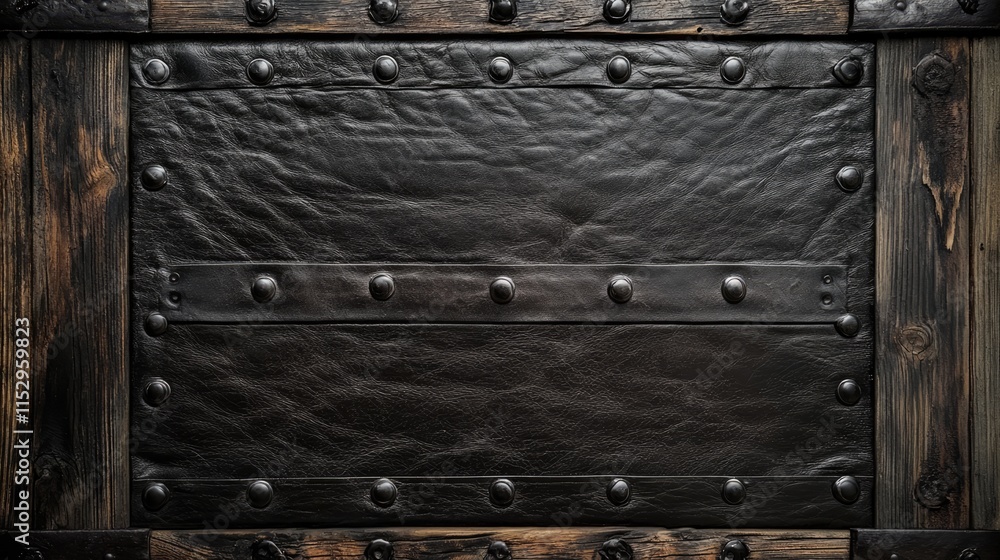 Fototapeta premium Textured black leather background framed by rustic wooden planks showcasing a vintage and industrial aesthetic perfect for design projects.