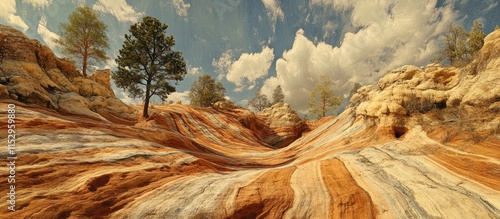 Eroded striated rock formations with trees under a dramatic sky showcasing nature's artistry and geological diversity. photo