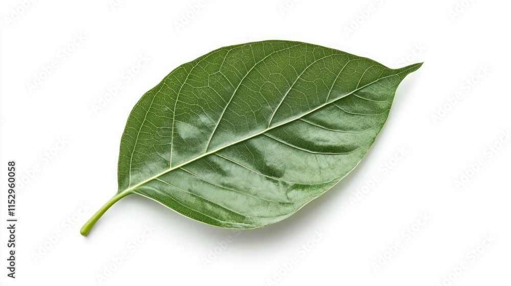 Obraz premium Fresh Green Leaf with Textured Surface Isolated on White Background Natural Botanical Element for Design and Decoration