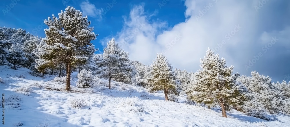 Snow-covered pine trees on a mountain slope under a clear blue sky capturing the serene beauty of a winter morning after snowfall Snow-covered pine trees on a mountain slope under a clear blue sky capturing the serene beauty of a winter morning after snowfall