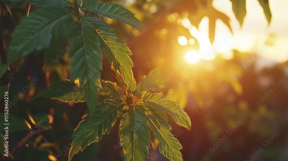 Sunlit green tree leaves highlighting nature's beauty during a serene sunset, creating a warm and tranquil atmosphere. Sunlit green tree leaves highlighting nature's beauty during a serene sunset, creating a warm and tranquil atmosphere.