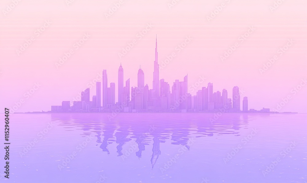 Fototapeta premium Dreamlike pastel cityscape reflected in calm water at sunrise or sunset.