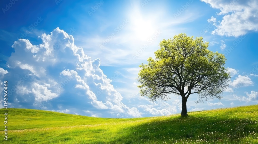 Solitary green tree on lush meadow under a bright blue sky with fluffy white clouds capturing a serene natural landscape scene Solitary green tree on lush meadow under a bright blue sky with fluffy white clouds capturing a serene natural landscape scene