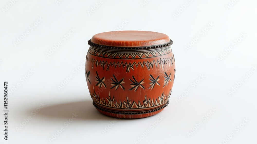 Red ethnic drum with intricate patterns against a clean white background showcasing cultural artistry and craftsmanship. Red ethnic drum with intricate patterns against a clean white background showcasing cultural artistry and craftsmanship.