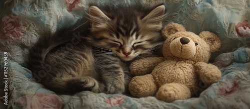 Adorable kitten napping peacefully beside a soft teddy bear in a cozy blanket setting photo