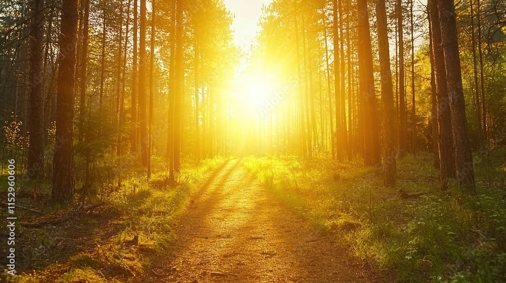 Fototapeta premium Golden Sunrise Path Forest Trees Nature Woods Sunlight