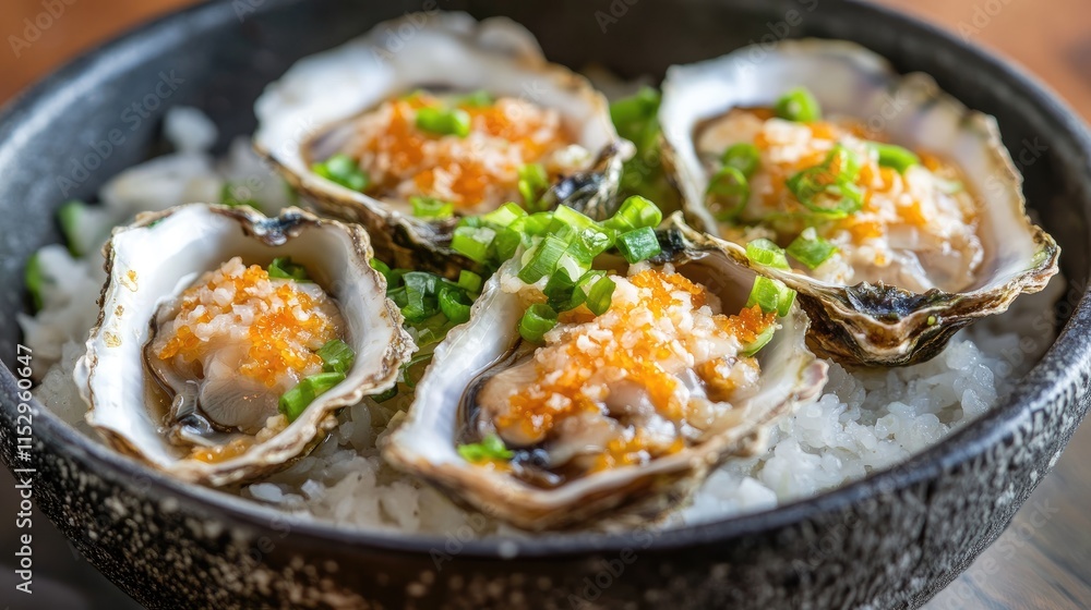 Delicious oyster fried rice served in a traditional bowl topped with green onions and savory ingredients Delicious oyster fried rice served in a traditional bowl topped with green onions and savory ingredients