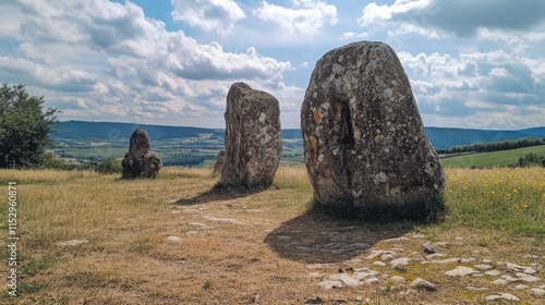 Archaeological remains in a scenic landscape showcasing ancient stones against a backdrop of rolling hills and dramatic skies photo