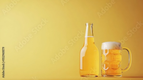 Glass bottle and tankard of beer on yellow background with copy space for seasonal celebration and refreshment advertising concepts photo